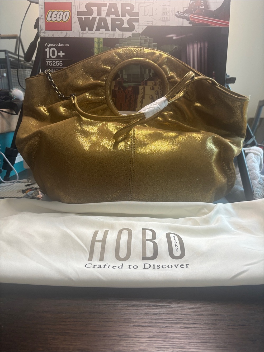 HOBO Metallic Gold Ring-Handle Hobo Bag with Chain Accent
